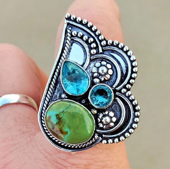 New Chrysocolla & Blue Topaz 925 Silver Ring. - Picture 4 of 16